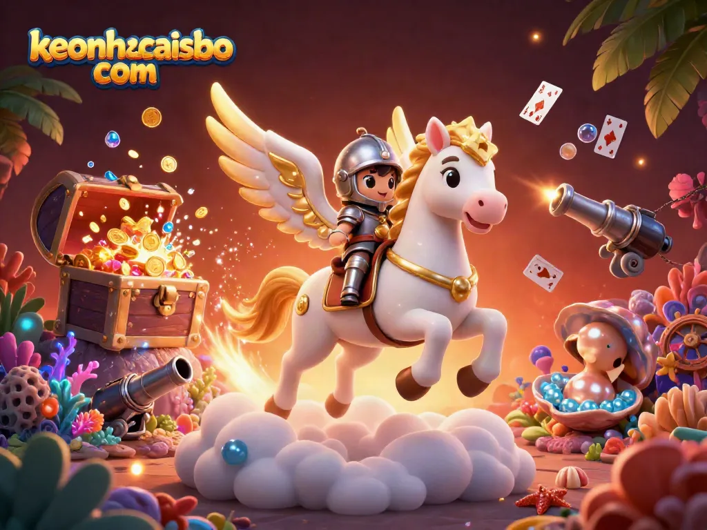 Experience the dynamic casino adventure of keonhacaisbo com, with a celestial horse and treasures exploding in vibrant 3D.