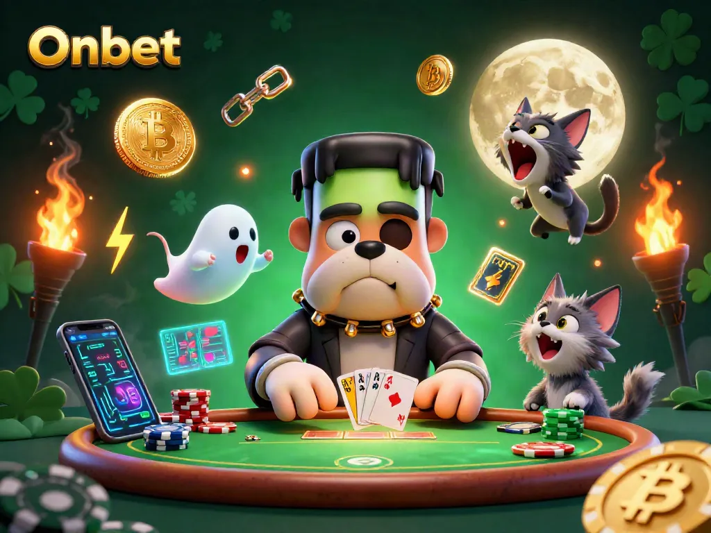 Engage in thrilling poker with Onbet's vibrant scene featuring a Frankenstein bulldog dealer, colorful chips, and ghostly elements.