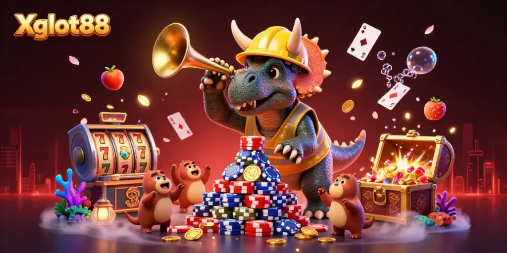 Xgslot88 menampilkan ilustrasi kasino ceria dengan karakter kartun dan elemen permainan dalam suasana yang penuh warna.