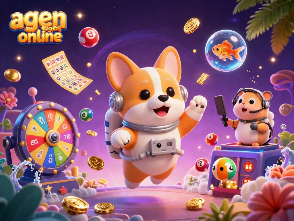 Engage with the exciting world of agen togel online, featuring a floating astronaut corgi in a vibrant casino scene filled with lottery balls and golden tickets.