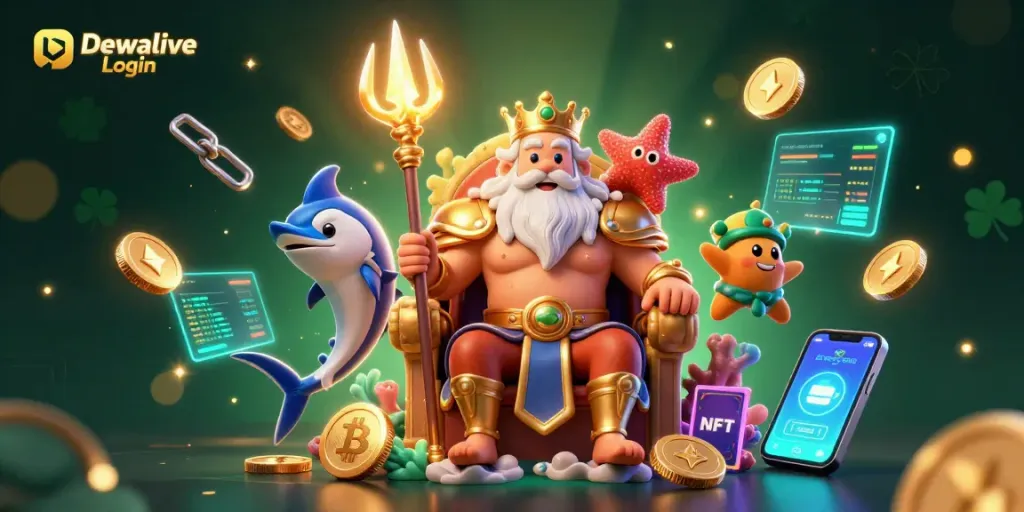 Dewalive Login: Experience exciting casino gaming with vibrant characters and cryptocurrency elements.