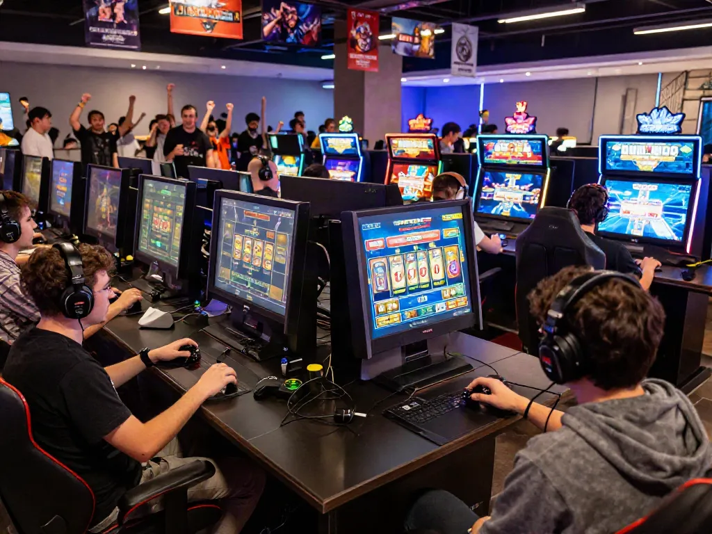 Exciting akunjp online gaming scene with players enjoying vibrant virtual slot machines.