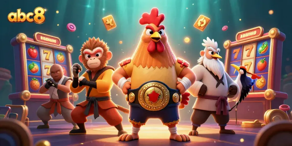 Experience dynamic casino action with abc8's vibrant 3D illustration of game characters and slot machines.
