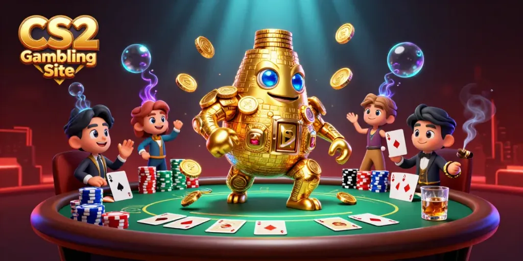 Engaging scene of a CS2 Gambling Site with a golden golem made of coins and poker elements for visual excitement.