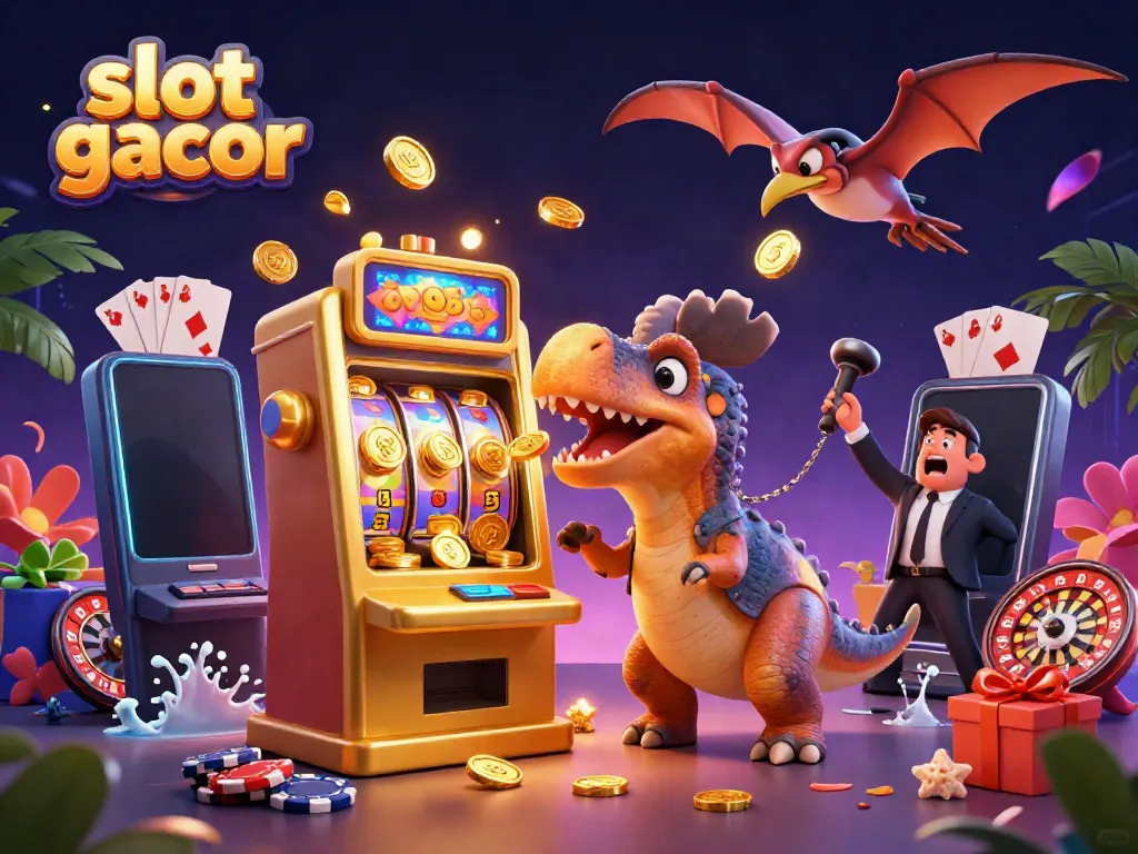 Experience exciting slot gacor action as a dinosaur wins big from a golden slot machine in a vibrant casino.