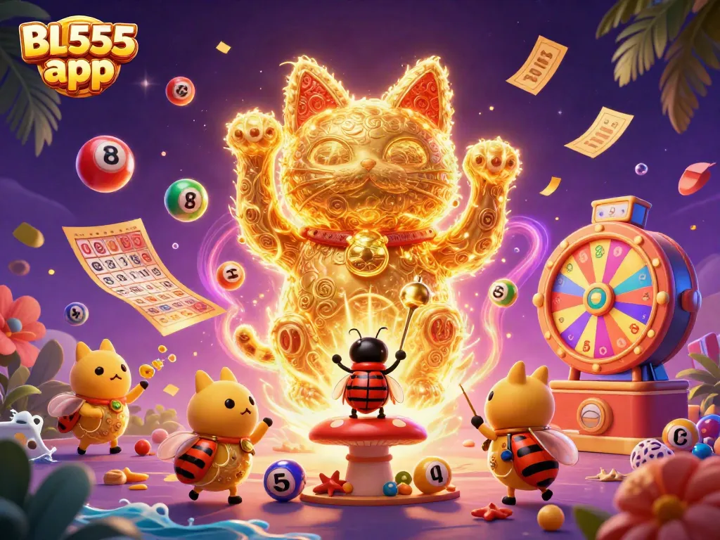 Experience the vibrant excitement of the BL555 app with animated casino symbols and lively colors.