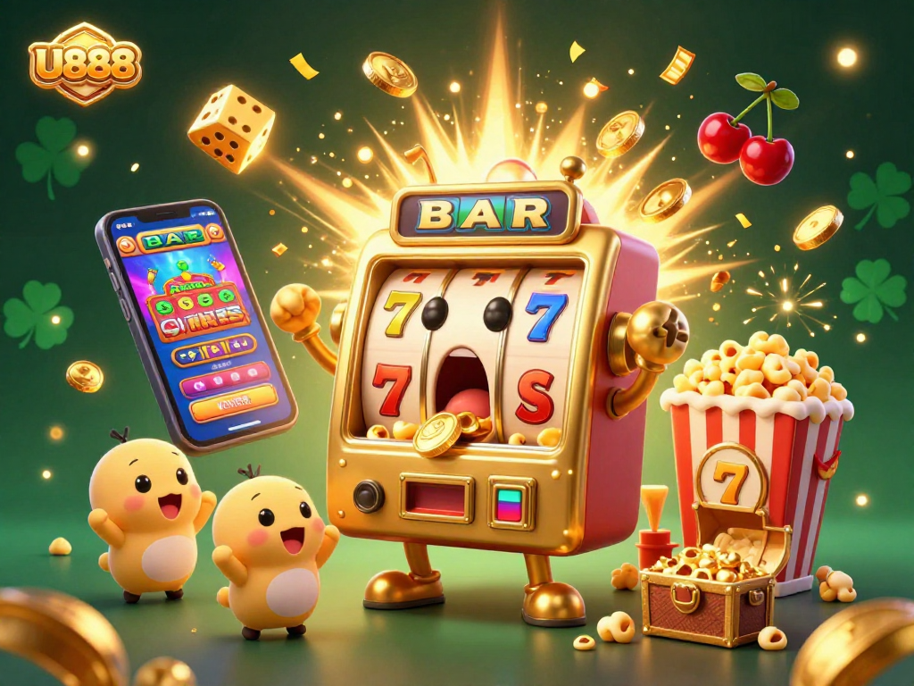 U888 slot machine amazed by jackpot explosion, with cheering baby machines and a popcorn machine.