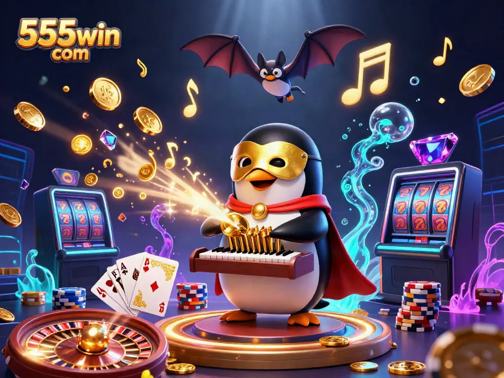 Engage with 555win com through an exciting casino scene featuring winning characters and dynamic game elements.